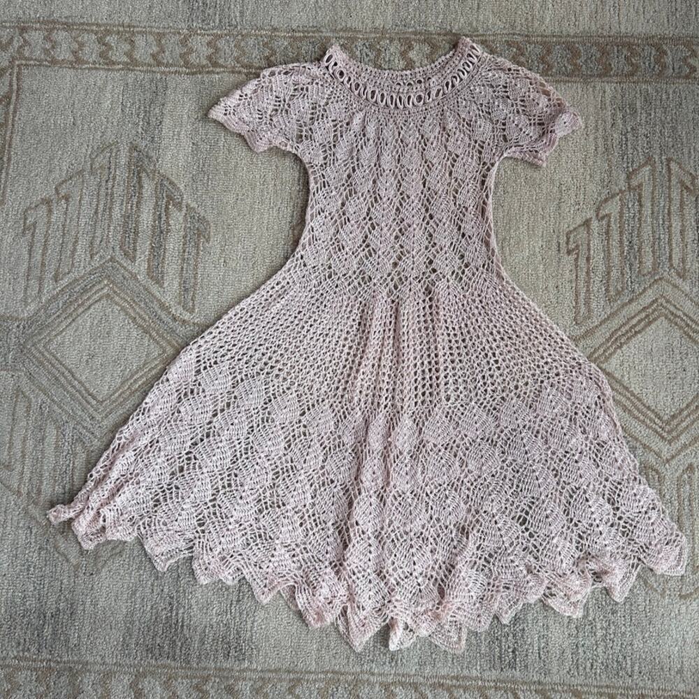 Vtg Sheer Crochet Lace Romantic Fairy Festival Layer Jagged Hem Dress Cream S - Picture 13 of 15